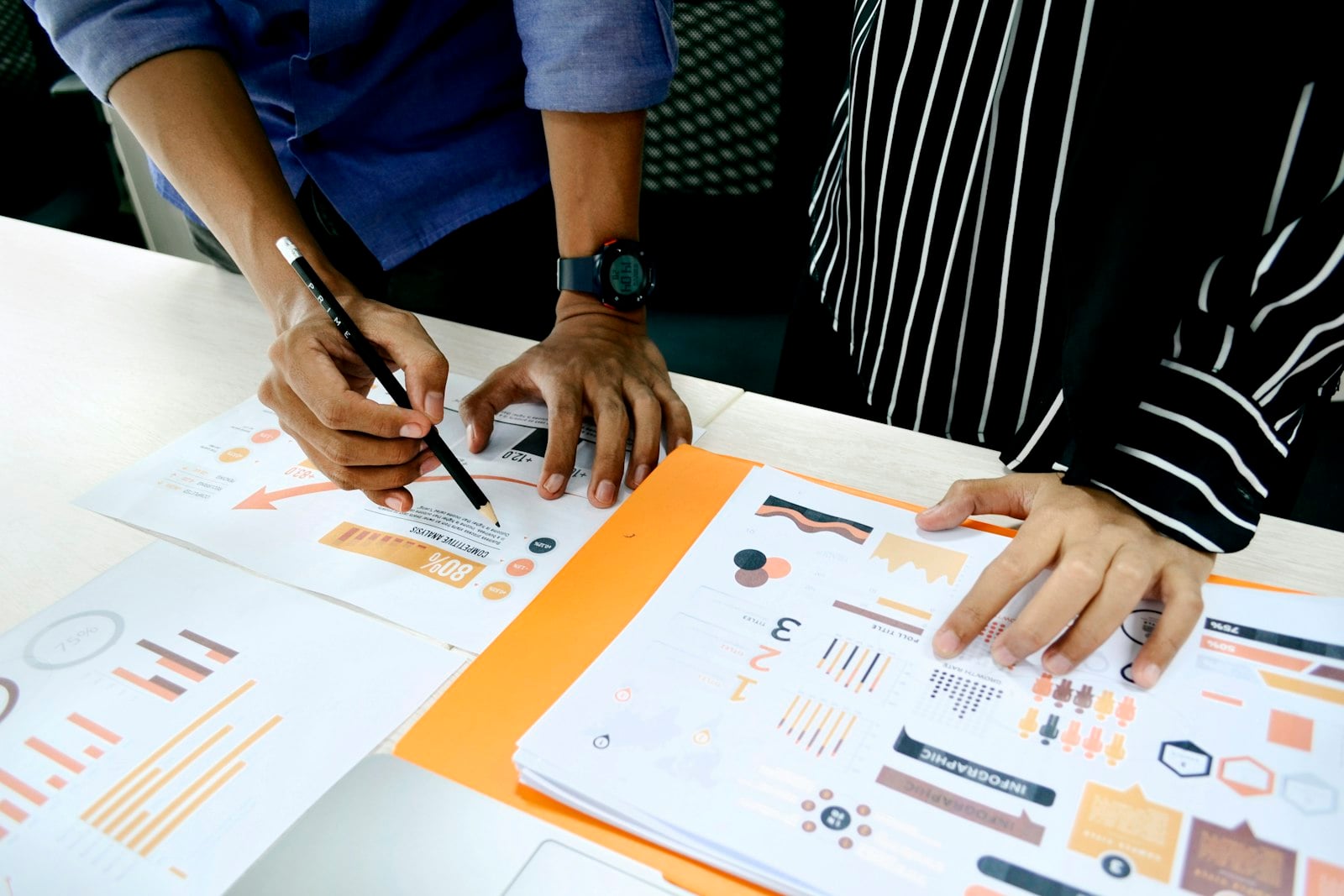 Analysts reviewing a competitive landscape or comparison chart.